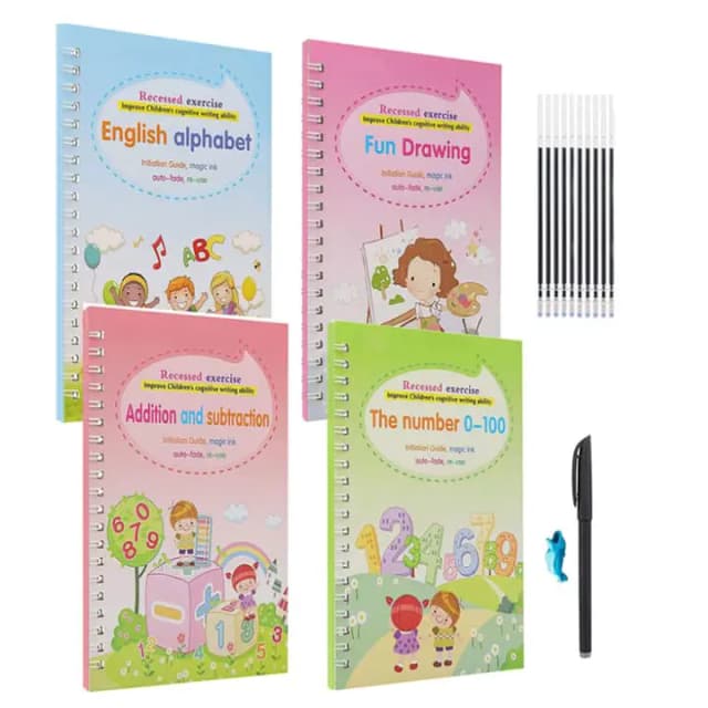 (Set Of 4) Sank Magic Book + Magic Pen Practice Copybook For Montessori Kids Handwriting Calligraphy