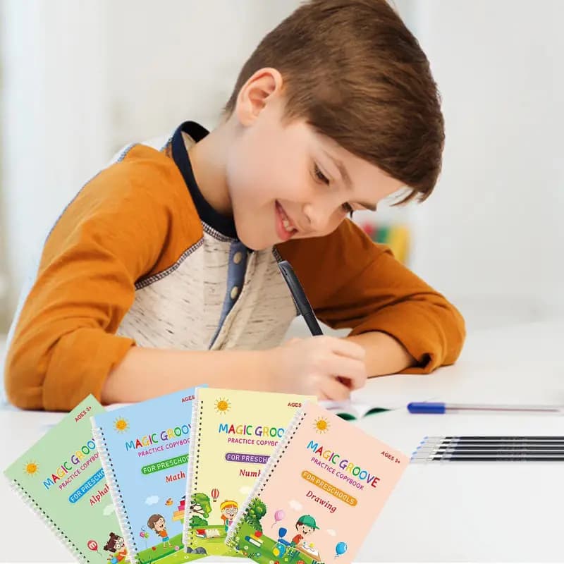 (Set Of 4) Sank Magic Book + Magic Pen Practice Copybook For Montessori Kids Handwriting Calligraphy